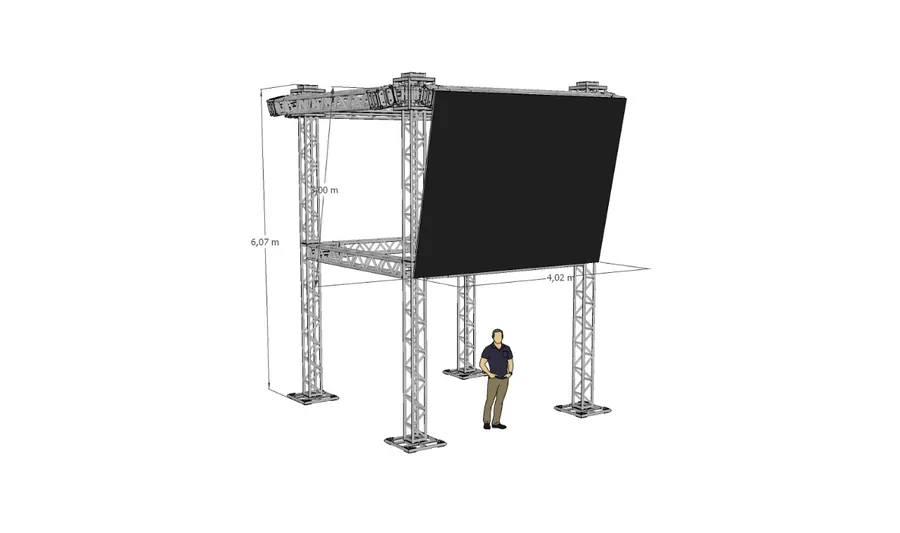 Render 3D de estrutura de telão suspenso sobre palco
